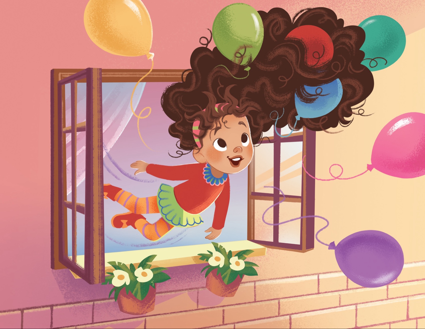 Illustration of a curly-haired girl floating out of an open window, carried by colourful birthday balloons.